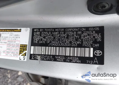 2005 Toyota Prius from USA, damaged, VIN JTDKB20U553041263